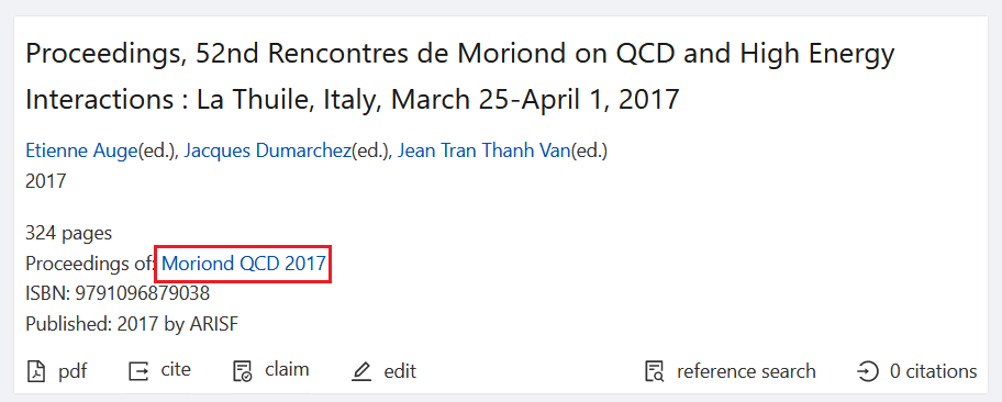 Screenshot of a detailed conference proceedings record. A line of metadata in the record states that it is the "Proceedings of Moriond QCD 2017", with a red box around the hyperlinked conference title.