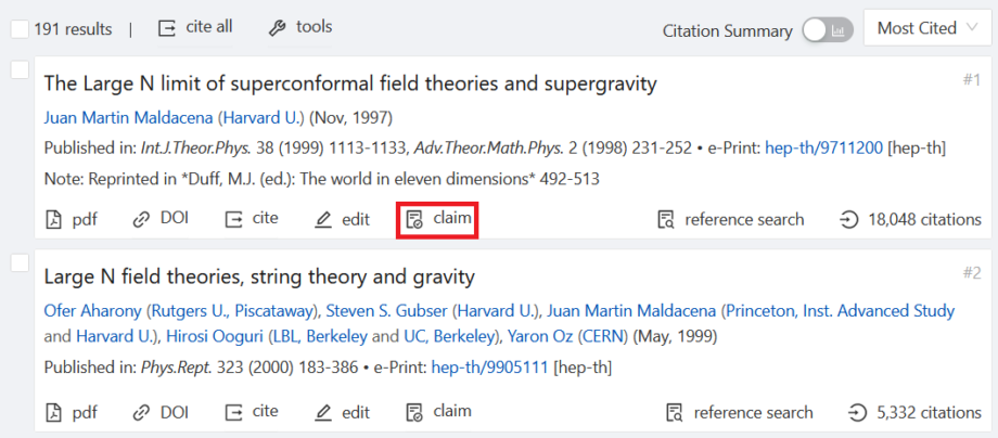 Screenshot of a literature search, with a red box around the "claim" button at the bottom of one of the brief entries.
